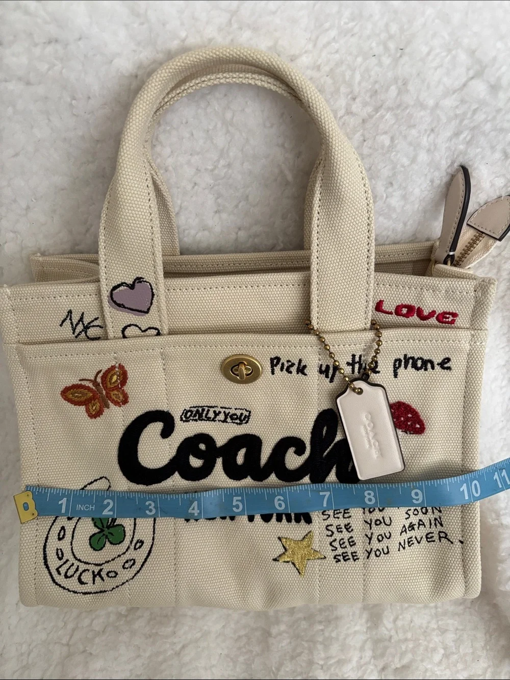 Coach New York Beige Canvas Patch Satchel with Colorful Embroidered Motifs
